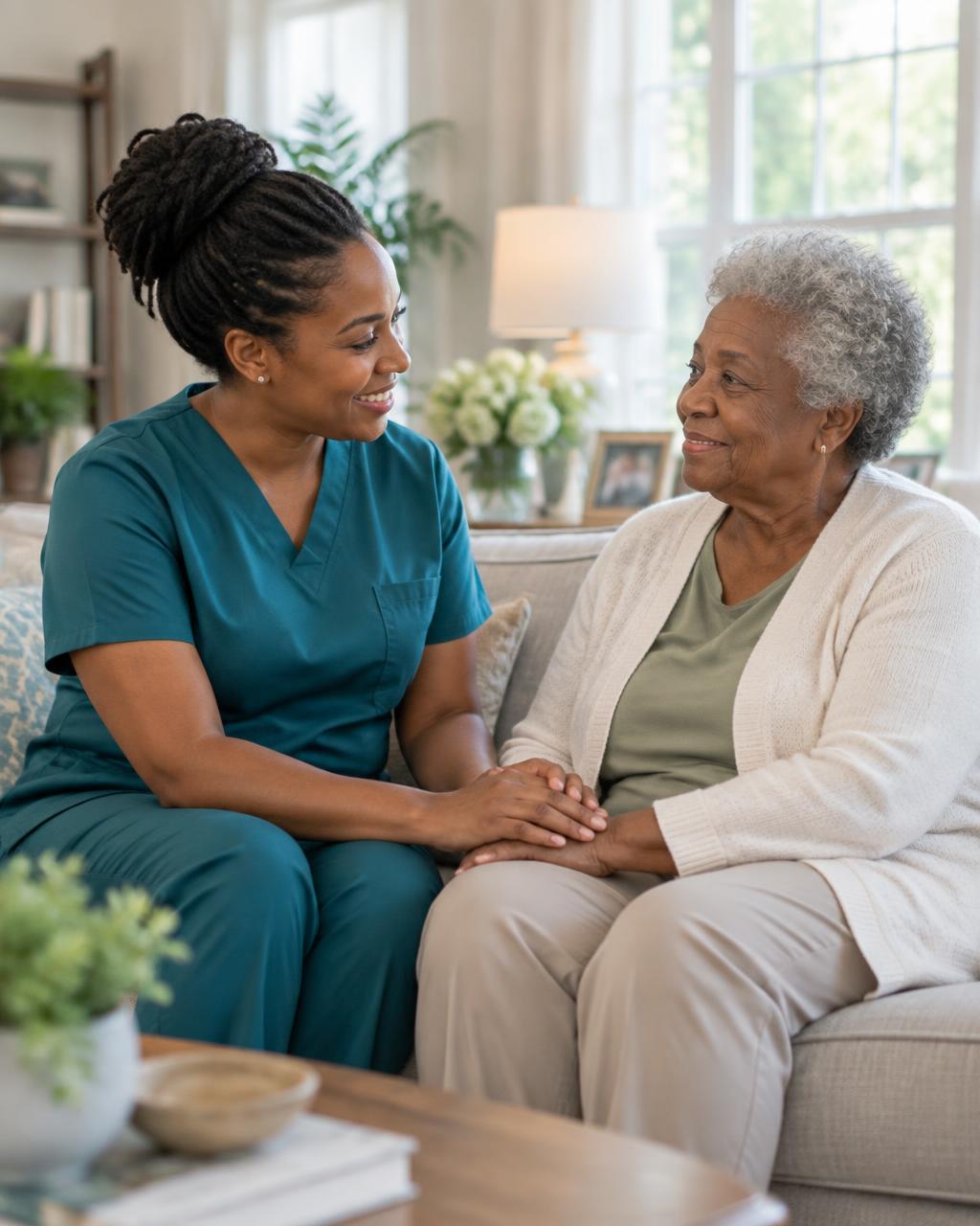 Caregiver sharing a warm moment with an older woman at home